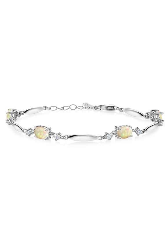 925 Sterling Silver White Ethiopian Opal and White Zirconia Tennis Bracelet for Women | 2.28 Cttw | Gemstone October Birthstone | Oval Cabochon 7X5MM | 6 inch + 1 inch Extender