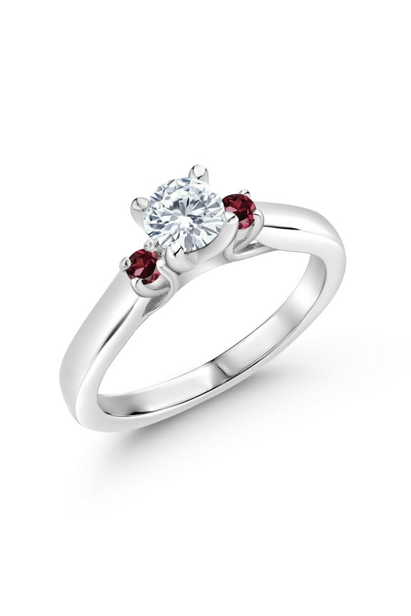 925 Sterling Silver White Lab Grown Diamond and Red Rhodolite Garnet 3-Stone Engagement Ring for Women (0.68 Cttw, Gemstone April Birthstone, Size 9)