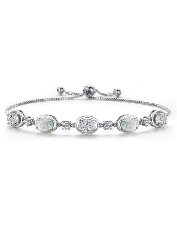 925 Sterling Silver White Lab Grown Diamond and Simulated White Opal Bracelet for Women | 4.10 Cttw | Gemstone April Birthstone | Oval 7X5MM | Fully Adjustable 9 inch