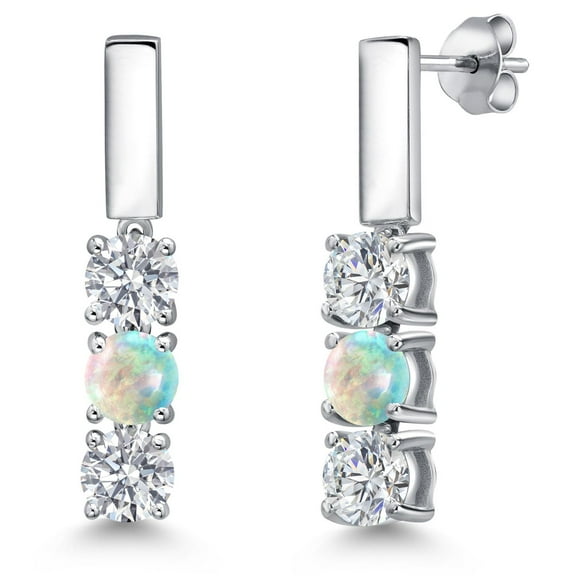 Gem Stone King 925 Sterling Silver White Lab Grown Diamond and Simulated White Opal Drop Dangle Earrings for Women | 1.50 Cttw | Gemstone April Birthstone | Round 5MM