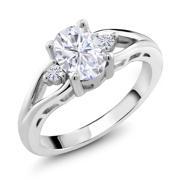 Gem Stone King 925 Sterling Silver White Moissanite 3 Stone Engagement Ring for Women | 1.58 Cttw | Oval 8X6MM | Round 2MM | Gemstone Birthstone | Size 9