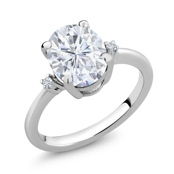 Gem Stone King 925 Sterling Silver White Moissanite 3 Stone Ring for Women (3.03 Cttw, Oval 10X8MM, Gemstone Birthstone, Size 8)