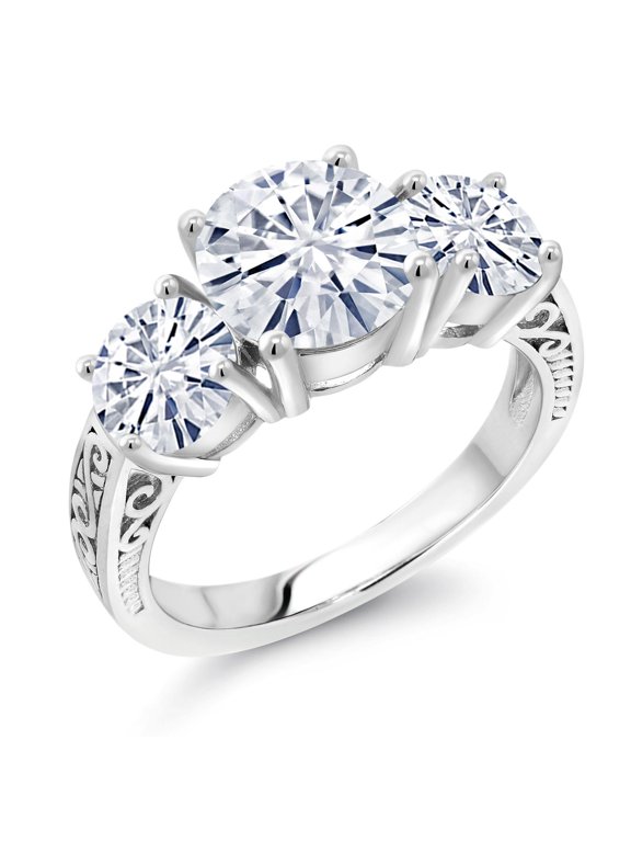 3.10 Cttw White Moissanite 3-Stone Ring for Women | 925 Sterling Silver | Round 8MM and 6MM | Three Stone Wedding Engagement Anniversary Promise Ring for Women (Size 8)