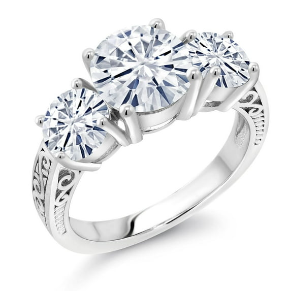 Gem Stone King 3.10 Cttw White Moissanite 3-Stone Ring for Women | 925 Sterling Silver | Round 8MM and 6MM | Three Stone Wedding Engagement Anniversary Promise Ring for Women (Size 9)