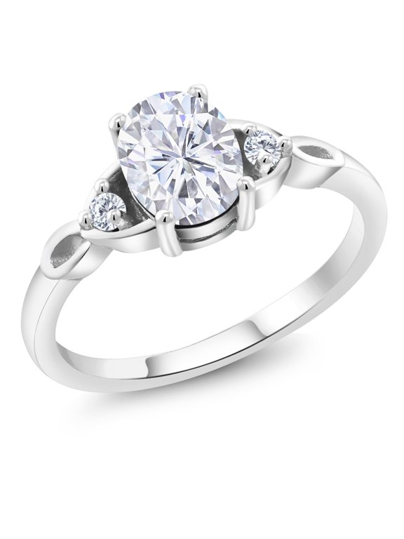 925 Sterling Silver White Moissanite 3-Stone Rings for Women (1.58 Cttw, Gemstone, Oval 8X6MM, Available in Size 5, 6, 7, 8, 9)