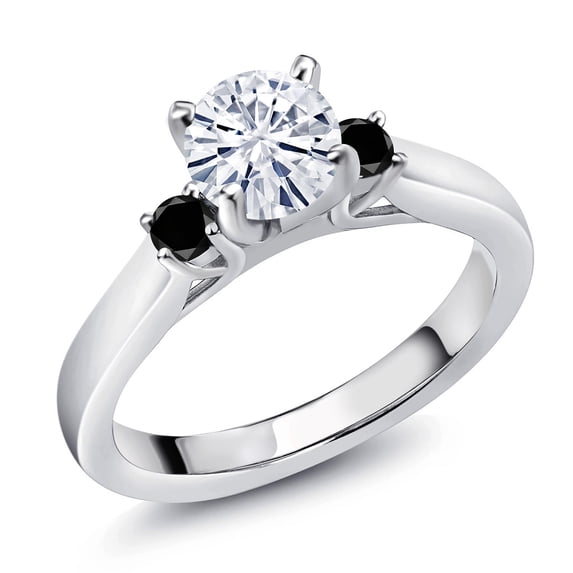 Gem Stone King 925 Sterling Silver White Moissanite and Black Diamond 3-Stone Engagement Ring for Women (0.93 Cttw, Round 6MM, Gemstone Birthstone, Size 8)