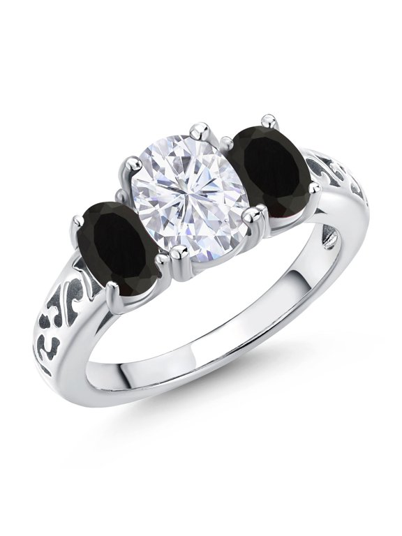 925 Sterling Silver White Moissanite and Black Onyx Filigree Style 3 Stone Ring for Women (2.30 Cttw, Oval 8X6MM and 6X4MM) (Size 5)