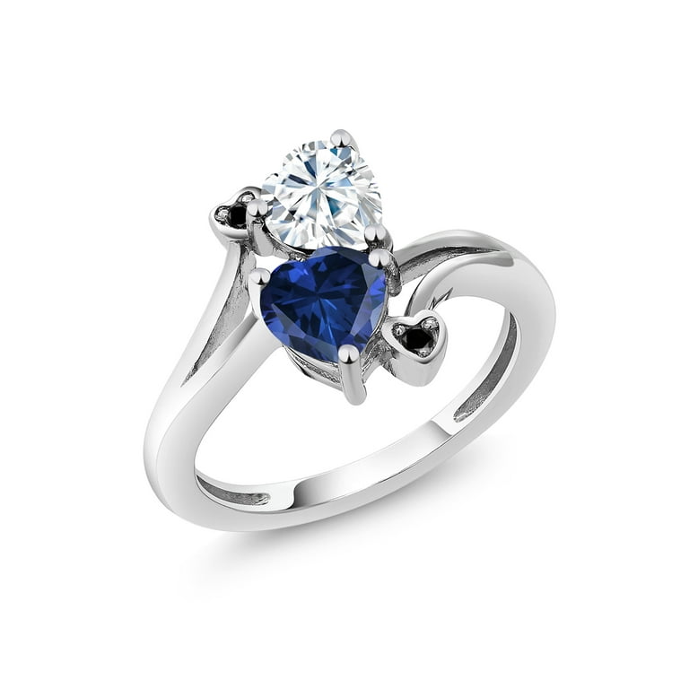 Gem Stone King 925 Sterling Silver White Moissanite Blue Created Sapphire  and Black Diamond Ring For Women (1.63 Cttw, Heart Shape 6MM, Gemstone