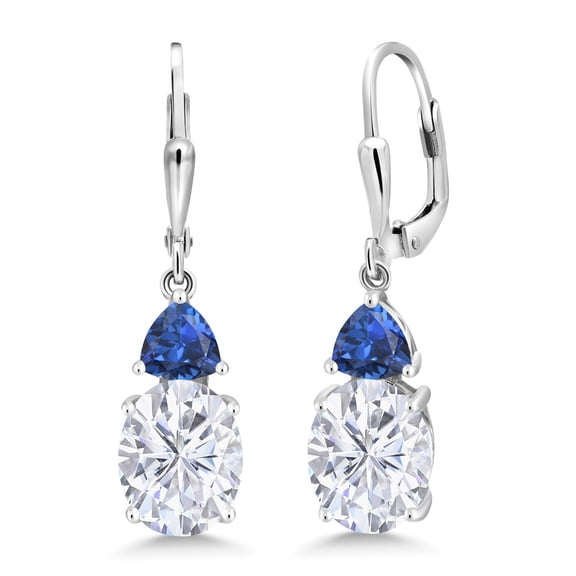 Gem Stone King 925 Sterling Silver White Moissanite and Blue Created Sapphire Dangle Earrings for Women (7.08 Cttw, Gemstone Birthstone, Oval 10X8MM, Trillion 5MM)