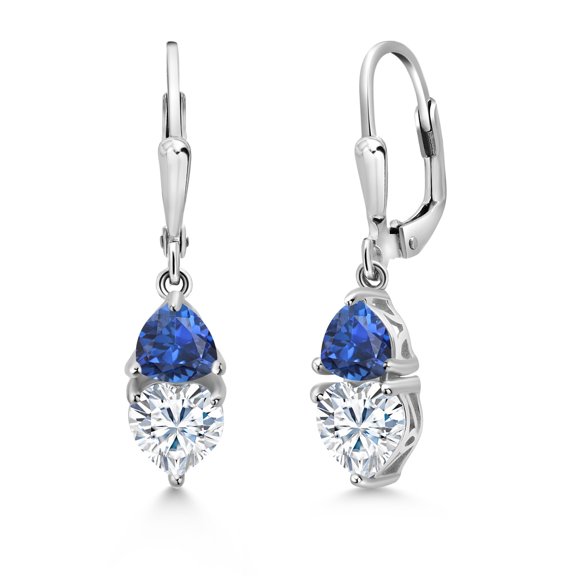 Gem Stone King 925 Sterling Silver  White Moissanite and Blue Created Sapphire Dangle Leverback Earrings for Women (2.68 Cttw, Gemstone, Heart Shape 6MM, Trillion 5MM)