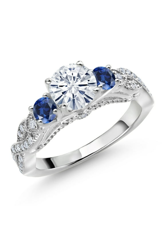 1.35 Cttw White Moissanite and Blue Created Sapphire 3-Stone Engagement Ring for Women | 925 Sterling Silver | Round 6MM and 3MM | Three Stone Wedding Anniversary Promise Ring | Size 5