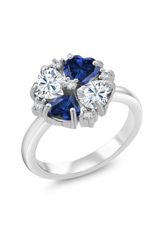 925 Sterling Silver White Moissanite and Blue Created Sapphire Ring for Women (1.92 Cttw, Heart Shape 5MM, Gemstone Birthstone, Size 8)