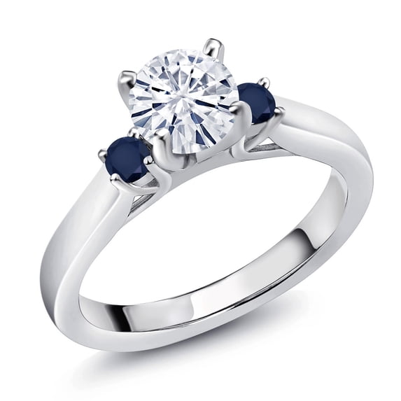 Gem Stone King 0.92 Cttw White Moissanite and Blue Sapphire 3-Stone Engagement Ring for Women | 925 Sterling Silver | Round 6MM and 2.5MM | Three Stone Wedding Anniversary Promise Ring