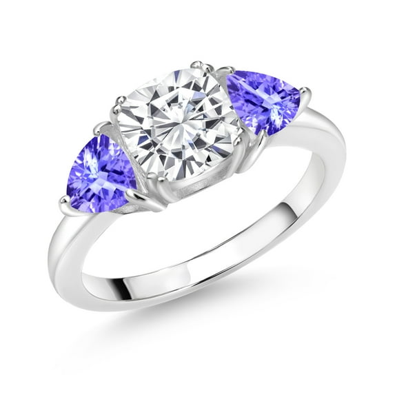 Gem Stone King 925 Sterling Silver White Moissanite and Blue Tanzanite 3 Stone Engagement Ring for Women (2.50 Cttw, Gemstone Birthstone, Available in Size 5, 6, 7, 8, 9)