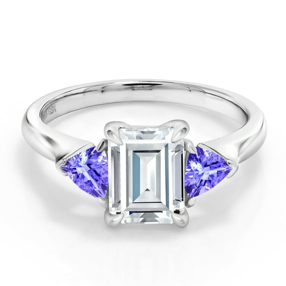 Gem Stone King 925 Sterling Silver White Moissanite and Blue Tanzanite 3-Stone Ring for Women (2.09 Cttw, 8X6MM Emerald Cut and 3.5 Trillion, Gemstone Birthstone, Size 7)