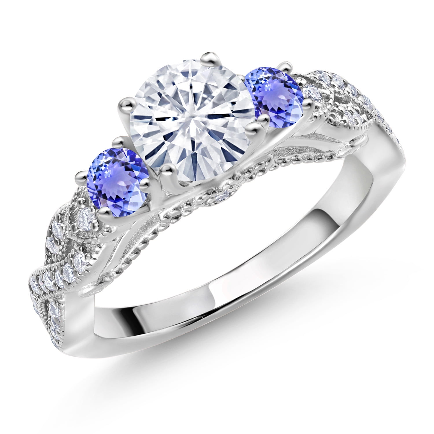 Gem Stone King 1.37 Cttw White Moissanite and Blue Tanzanite Engagement Ring for Women | 925 Sterling Silver  | Round 6MM and 3MM | Wedding Engagement Anniversary Promise Ring for Women| Size 9