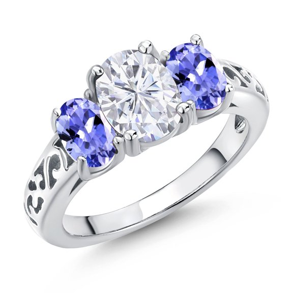 Gem Stone King 925 Sterling Silver White Moissanite and Blue Tanzanite Filigree Style 3 Stone Ring for Women (2.40 Cttw, Oval 8X6MM and 6X4MM) (Size 8)