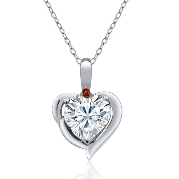 Gem Stone King 925 Sterling Silver White Moissanite from Charles & Colvard and Red Garnet Heart Shape Pendant Necklace for Women (1.82 Cttw, Heart 8MM, Gemstone Birthstone, with 18 inch Chain)