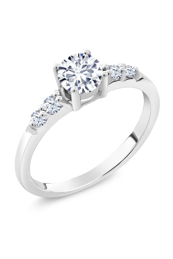 925 Sterling Silver White Moissanite and Created Sapphire Engagement Ring for Women (0.67 Cttw, Round 5MM, Size 8)