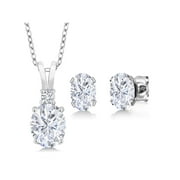 Gem Stone King 925 Sterling Silver White Moissanite and White Diamond Pendant Necklace Earrings Set For Women (3.37 Cttw, Oval 8X6MM and 7X5MM, with 18 inch Chain)