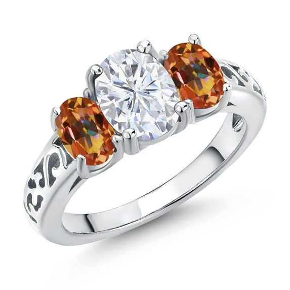 Gem Stone King 925 Sterling Silver White Moissanite and Ecstasy Mystic Topaz Filigree Style 3 Stone Ring for Women (2.50 Cttw, Oval 8X6MM and 6X4MM) (Size 6)