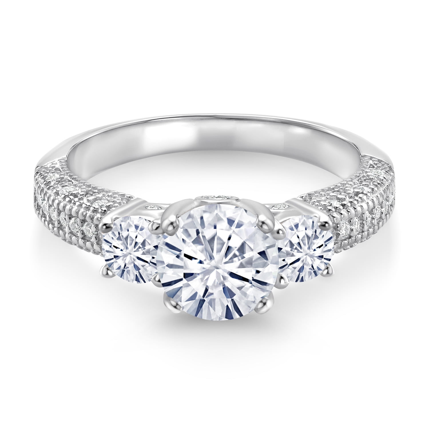 Gem Stone King 925 Sterling Silver White Moissanite Engagement Ring for Women (1.74 Cttw, Round 7MM and 4MM, Size 6)