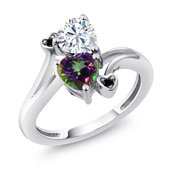 Gem Stone King 925 Sterling Silver White Moissanite Green Mystic Topaz and Black Diamond Ring for Women 1.78 Cttw, Heart Shape 6MM, Gemstone Birthstone (Size 5)