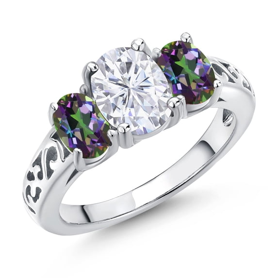 Gem Stone King 925 Sterling Silver White Moissanite and Green Mystic Topaz Filigree Style 3 Stone Ring for Women (2.70 Cttw, Oval 8X6MM and 6X4MM) (Size 9)