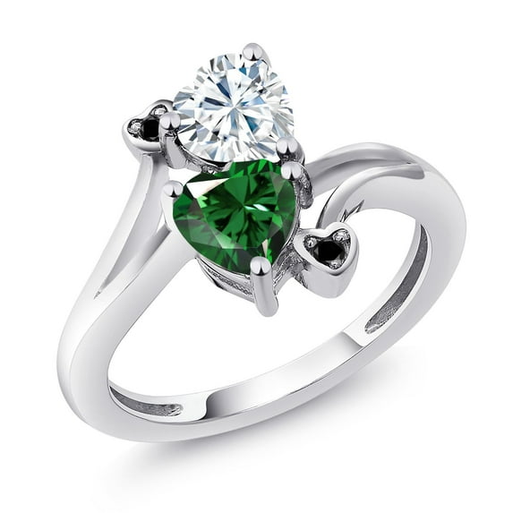 Gem Stone King 925 Sterling Silver White Moissanite Green Nano Emerald and Black Diamond Ring for Women (1.53 Cttw, Heart Shape 6MM, Gemstone Birthstone, Size 6)