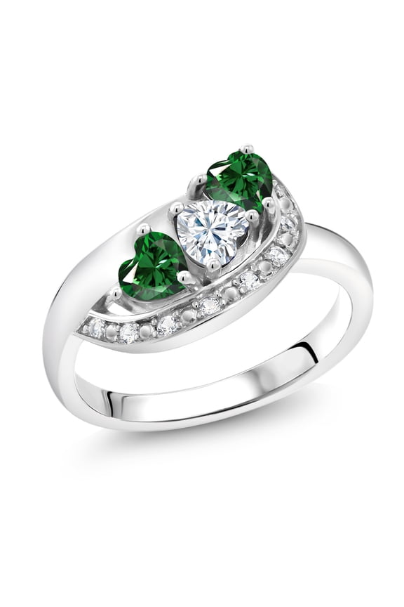 925 Sterling Silver White Moissanite and Green Nano Emerald and White Created Sapphire Engagement Ring for Women (1.09 Cttw, Gemstone , Heart Shape 4MM, Size 5)