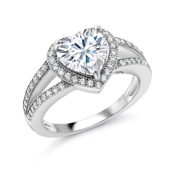 Gem Stone King 925 Sterling Silver White Moissanite Heart Ring for Women | 1.53 Cttw | Heart Shape 6.5MM (Size 8)