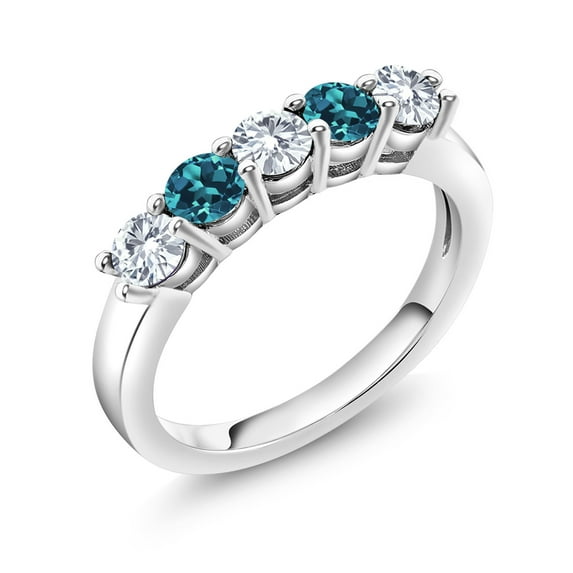 Gem Stone King 925 Sterling Silver White Moissanite and London Blue Topaz 5-Stone Wedding Anniversary Band Ring for Women (0.92 Cttw, Gemstone Birthstone, Size 6)