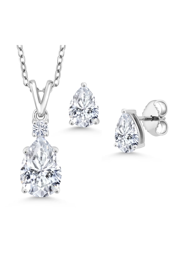 3.37 Cttw White Moissanite Pendant and Earrings Jewelry Set for Women | 925 Sterling Silver | Gemstone Birthstone | Pear Shape 10X7MM and 7X5MM | With 18 inch Chain