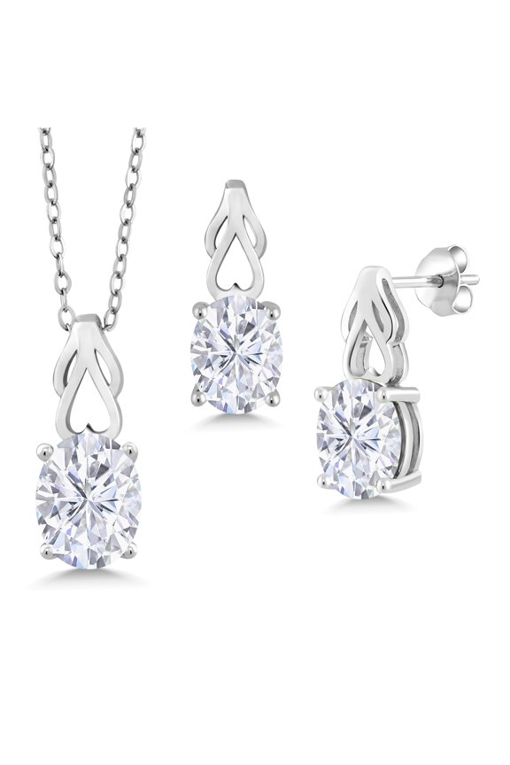 925 Sterling Silver White Moissanite Pendant and Earrings Jewelry Set for Women | 6.30 Cttw | Oval 9X7 | Gemstone Birthstone | with 18 inch Chain