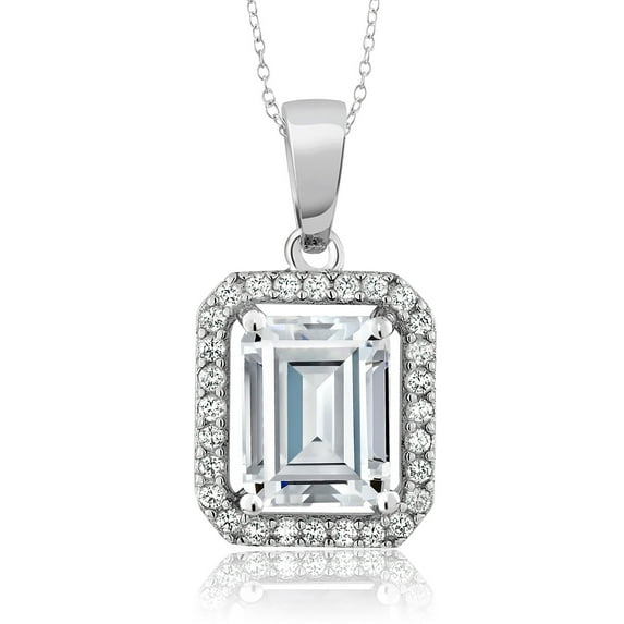 Gem Stone King 925 Sterling Silver White Moissanite Pendant Necklace for Women (2.80 Cttw, Emerald Cut 9X7MM, with 18 inch Silver Chain)