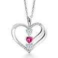 thumbnail image 1 of Gem Stone King 925 Sterling Silver White Moissanite and Pink Created Sapphire 3-Stone Pendant Necklace for Women (1.06 Cttw, Gemstone Birthstone, Heart Shape 4MM, with 18 inch Silver Chain), 1 of 3