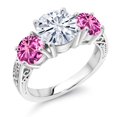 thumbnail image 1 of Gem Stone King 925 Sterling Silver White Moissanite and Pink Created Sapphire Engagement Ring for Women | 3.90 Cttw | Round 8MM | Gemstone Birthstone | Size 9, 1 of 5