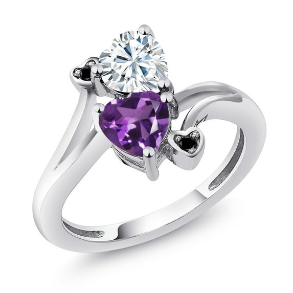 Gem Stone King 925 Sterling Silver White Moissanite Purple Amethyst and Black Diamond Ring for Women (1.63 Cttw, Heart Shape 6MM, Gemstone Birthstone, Size 5)