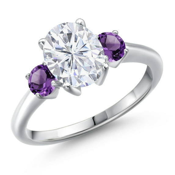 Gem Stone King 925 Sterling Silver White Moissanite and Purple Amethyst Engagement Ring for Women | 2.60 Cttw | Oval 9X7MM | Gemstone Birthstone | Size 7