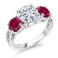 thumbnail image 1 of Gem Stone King 925 Sterling Silver White Moissanite and Red Created Ruby Engagement Ring for Women | 3.90 Cttw | Round 8MM | Gemstone Birthstone | Size 7, 1 of 5
