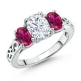 thumbnail image 1 of Gem Stone King 925 Sterling Silver White Moissanite and Red Created Ruby Filigree Style 3 Stone Ring for Women (2.50 Cttw, Oval 8X6MM and 6X4MM) (Size 9), 1 of 6