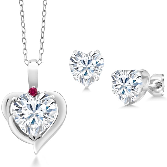 Gem Stone King 925 Sterling Silver White Moissanite and Red Created Ruby Pendant Necklace Earrings Set for Women (3.42 Cttw, Heart Shape 8MM and 6MM, with 18 inch Chain)