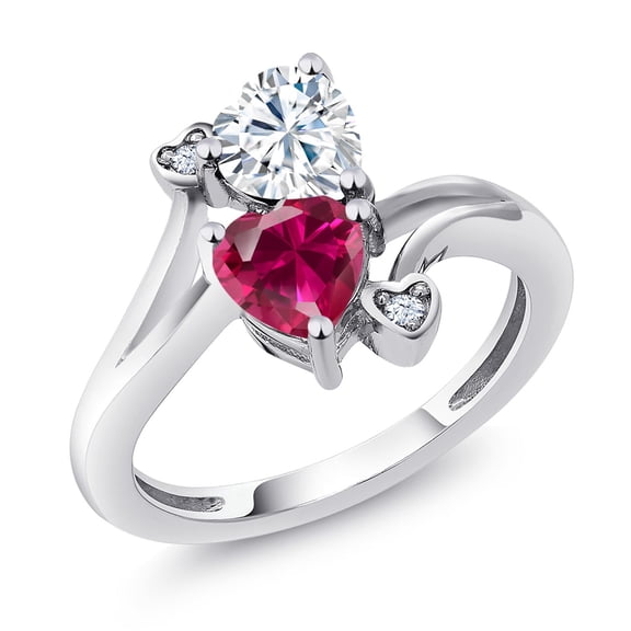 Gem Stone King 925 Sterling Silver White Moissanite Red Created Ruby Ring for Women (1.79 Cttw, Heart Shape 6MM, Gemstone Birthstone, Size 6)