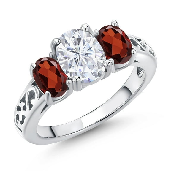 Gem Stone King 925 Sterling Silver White Moissanite and Red Garnet Filigree Style 3 Stone Ring for Women (2.64 Cttw, Oval 8X6MM and 6X4MM) (Size 9)