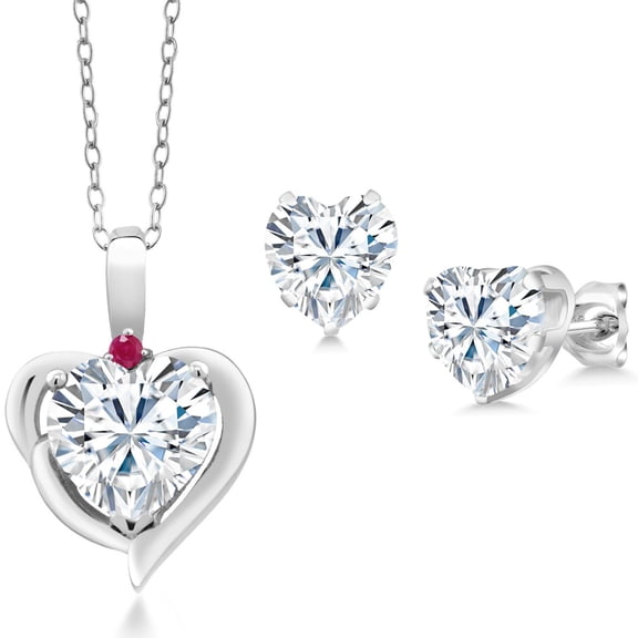 Gem Stone King 925 Sterling Silver White Moissanite and Red Ruby Pendant Necklace Earrings Set for Women (3.42 Cttw, Heart Shape 8MM and 6MM, with 18 inch Chain)