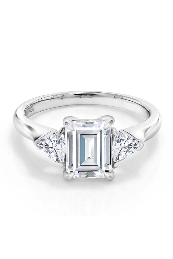 925 Sterling Silver White Moissanite Ring | 2.07 Cttw | 8X6MM Emerald Cut and 3.5 Trillion | Three Stone Wedding Engagement Anniversary Promise Ring for Women (Size 5)