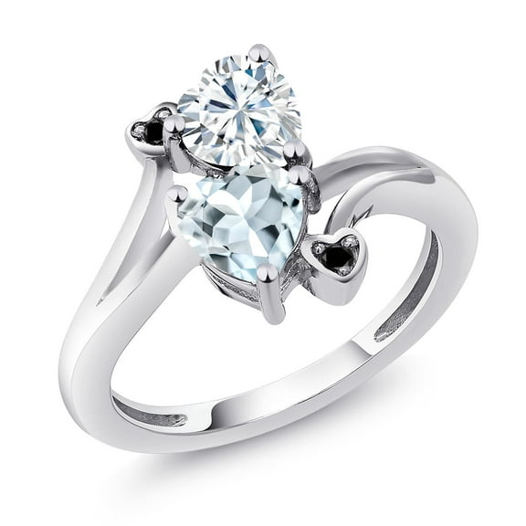Gem Stone King 925 Sterling Silver White Moissanite Sky Blue Aquamarine and Black Diamond Ring for Women (1.56 Cttw, Heart Shape 6MM, Gemstone Birthstone, Size 7)