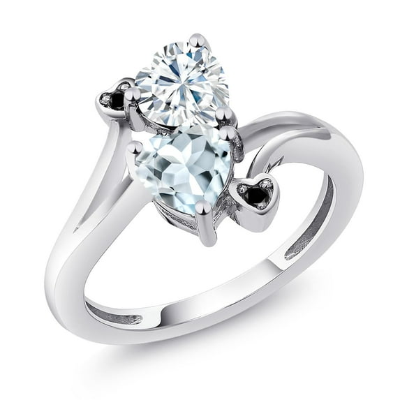 Gem Stone King 925 Sterling Silver White Moissanite Sky Blue Aquamarine and Black Diamond Ring for Women (1.56 Cttw, Heart Shape 6MM, Gemstone Birthstone, Size 7)