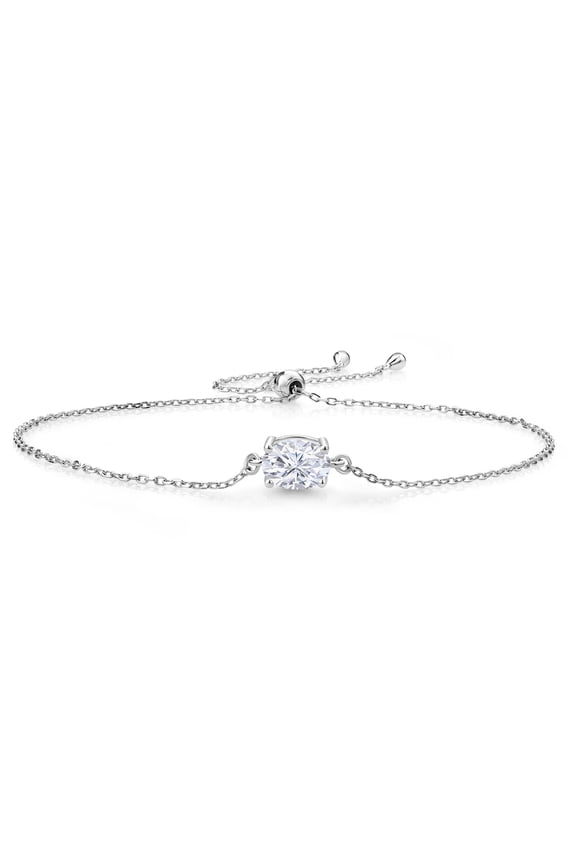 925 Sterling Silver White Moissanite Solitaire Bracelet for Women (1.50 Cttw, Oval 8X6MM, Gemstone Birthstone, Fully Adjustable up to 9 inch)