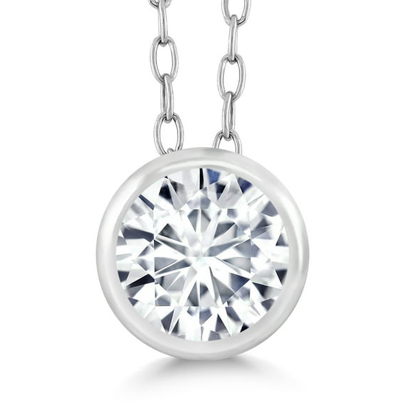 Gem Stone King 925 Sterling Silver White Moissanite Solitaire Pendant Necklace for Women | 0.50 Cttw | Round 5MM | Gemstone Birthstone | with 18 inch Silver Chain